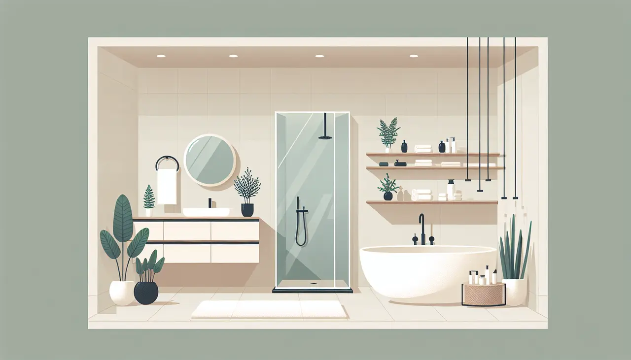 Draw a graphic in flat design style. A modern bathroom with sleek fixtures, featuring a freestanding bathtub, a walk-in shower with a glass door, and potted plants for a touch of nature, all designed in flat style with a minimalist aesthetic.