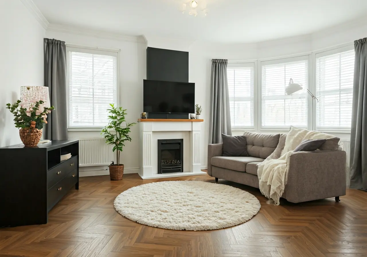 A cozy, well-staged living room with a For Sale sign. 35mm stock photo