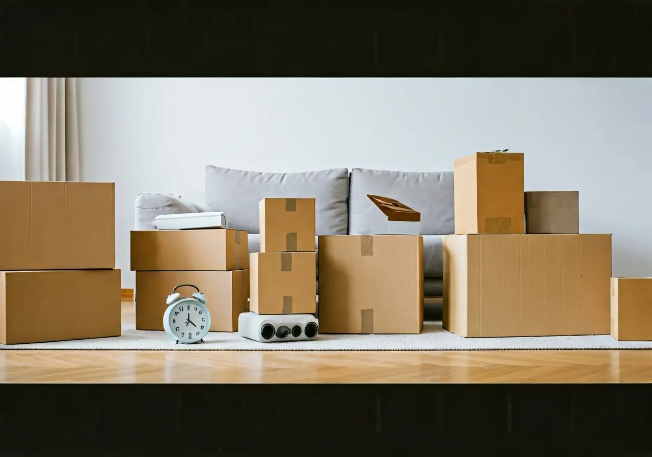 Cardboard boxes and packing supplies scattered across a living room. 35mm stock photo