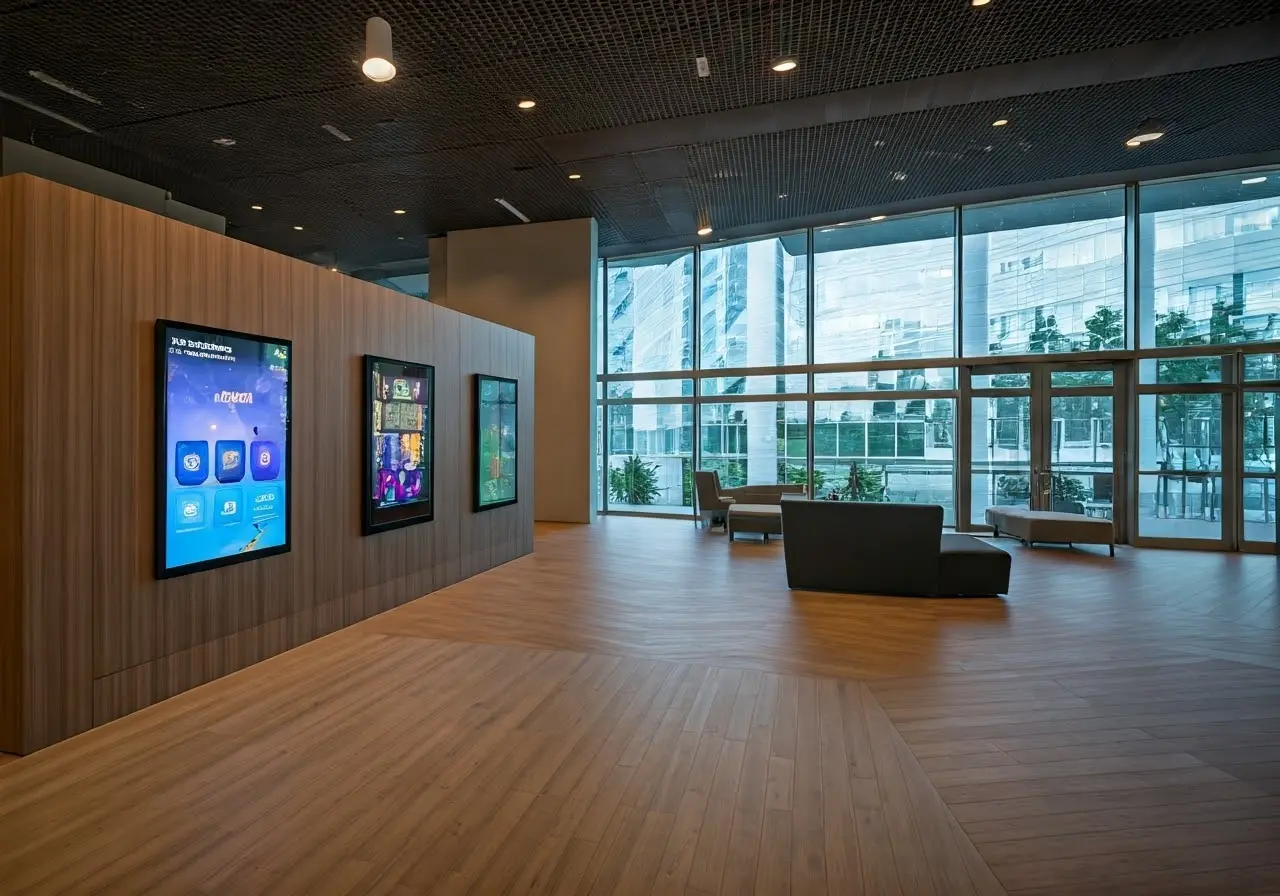 A modern lobby featuring vibrant digital signage displays. 35mm stock photo