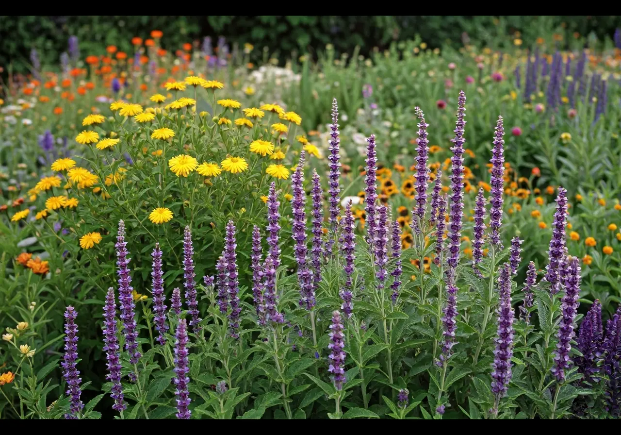 A serene herbal garden with vibrant flowers and medicinal plants. 35mm stock photo