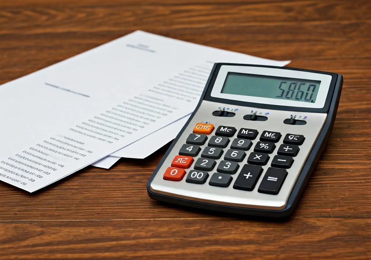 A digital calculator on a wooden desk with financial papers. 35mm stock photo