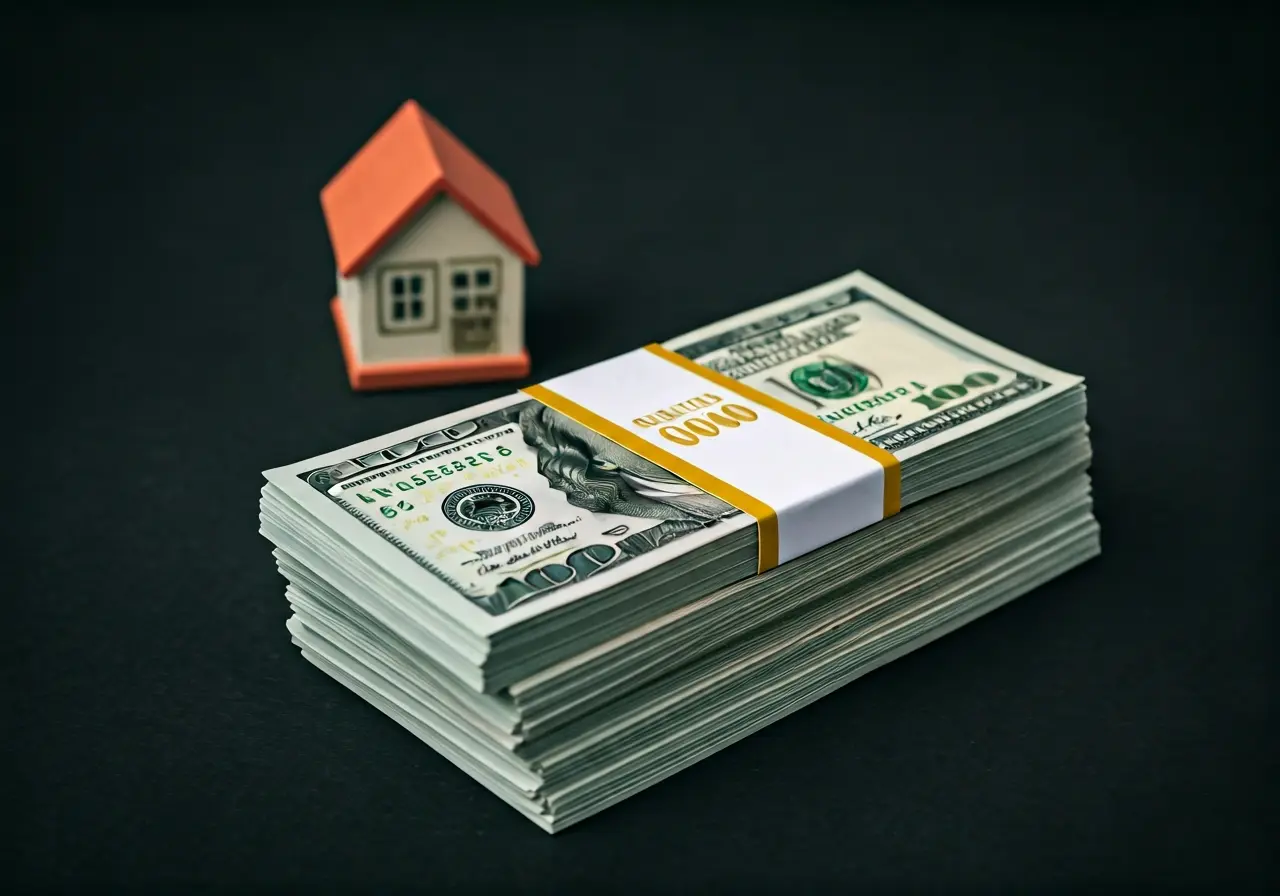 A stack of hundred-dollar bills next to a small house. 35mm stock photo