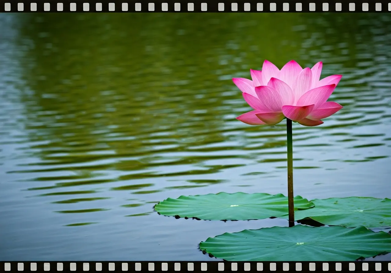 A serene landscape with a single lotus flower in bloom. 35mm stock photo