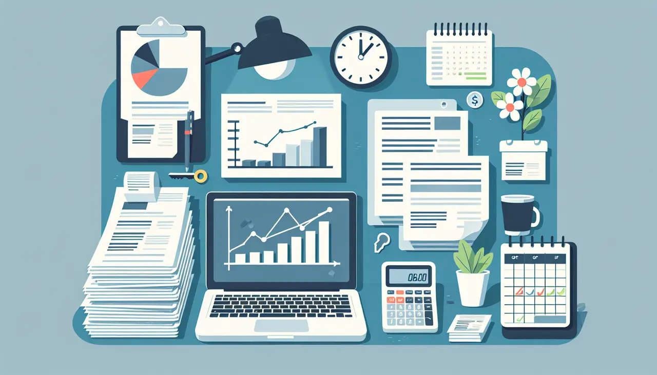 Draw a graphic in flat design style. A minimalist flat design of an office desk with neatly organized invoices, a laptop displaying financial graphs, and a calendar highlighting payment deadlines.
