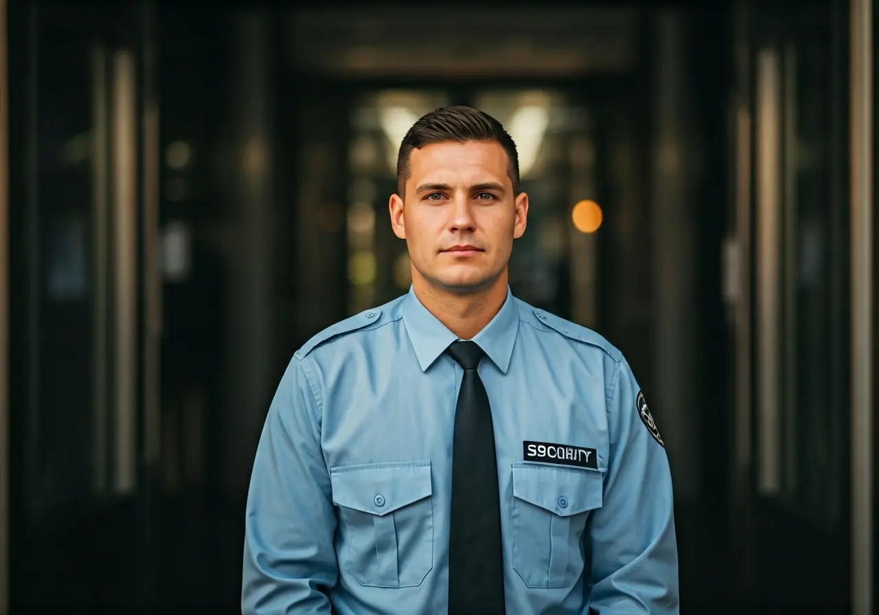 A vigilant security guard standing at a bustling event entrance. 35mm stock photo