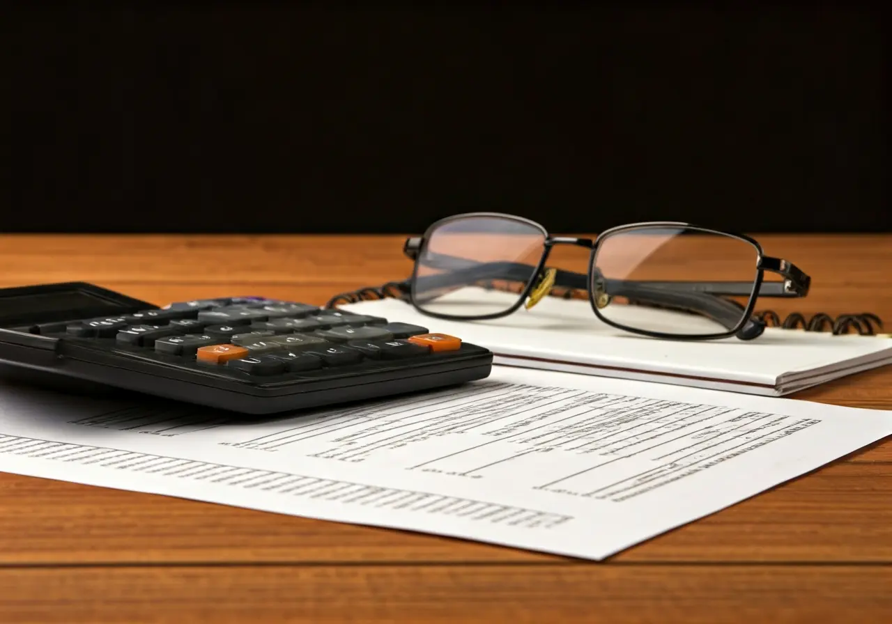 Calculator and documents on a wooden desk with glasses. 35mm stock photo
