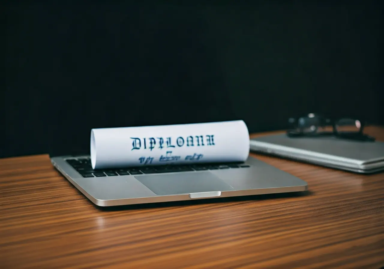 A diploma and laptop on a wooden desk surface. 35mm stock photo