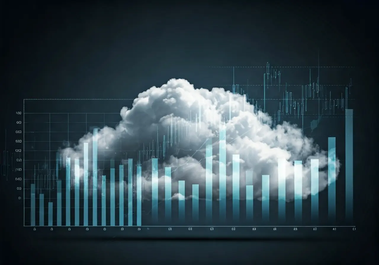 Cloud with digital graphs and financial charts overlay. 35mm stock photo