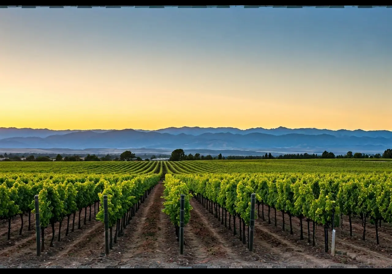 A serene vineyard with mountains in the background at sunset. 35mm stock photo