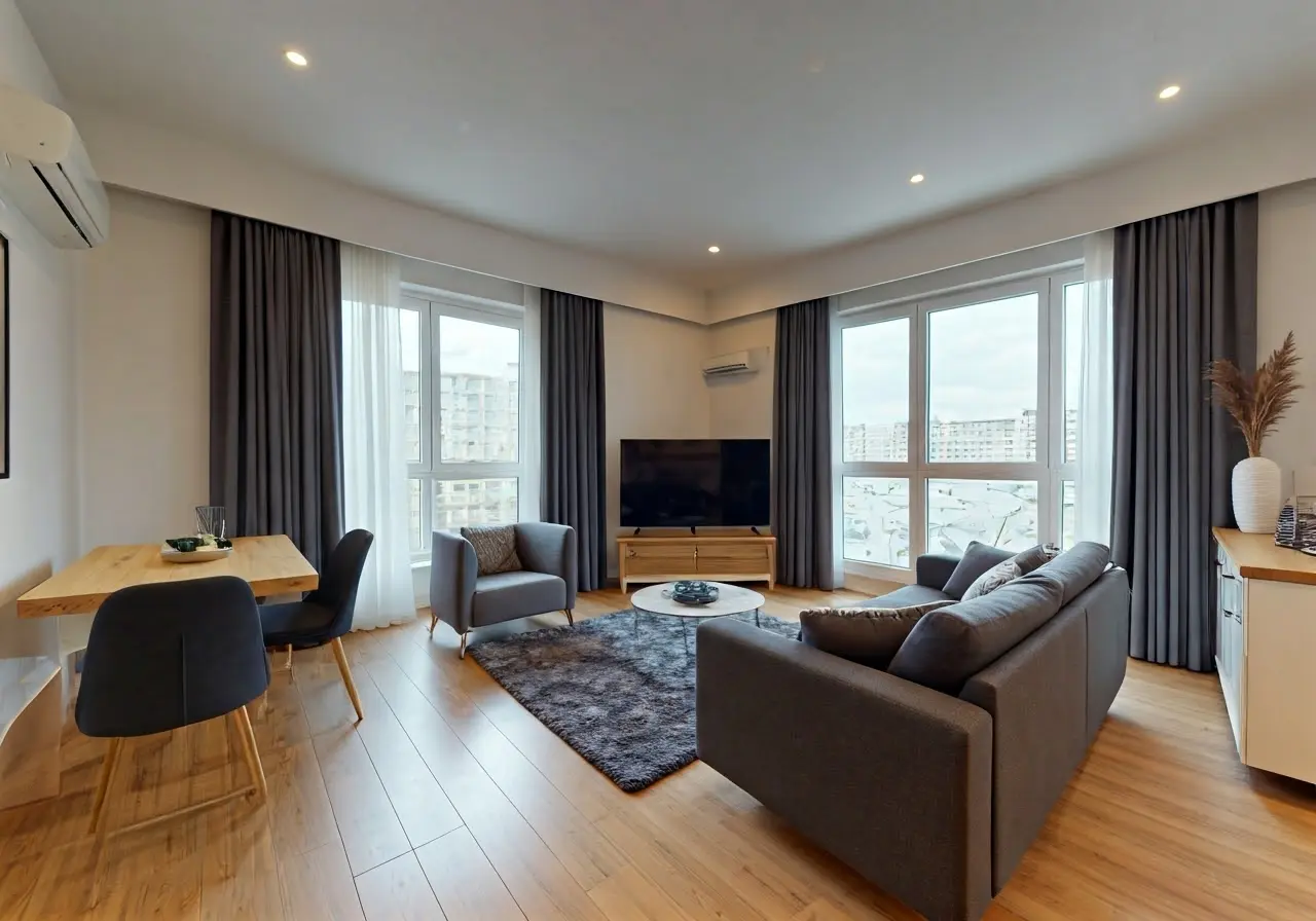 A virtual tour of a modern, spacious living room. 35mm stock photo