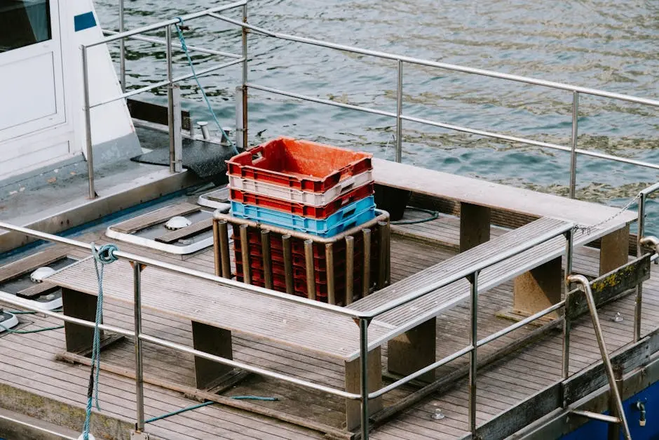 Close-up view of an empty fishing boat&rsquo;s wooden deck with stacked colorful crates and a calm water background.