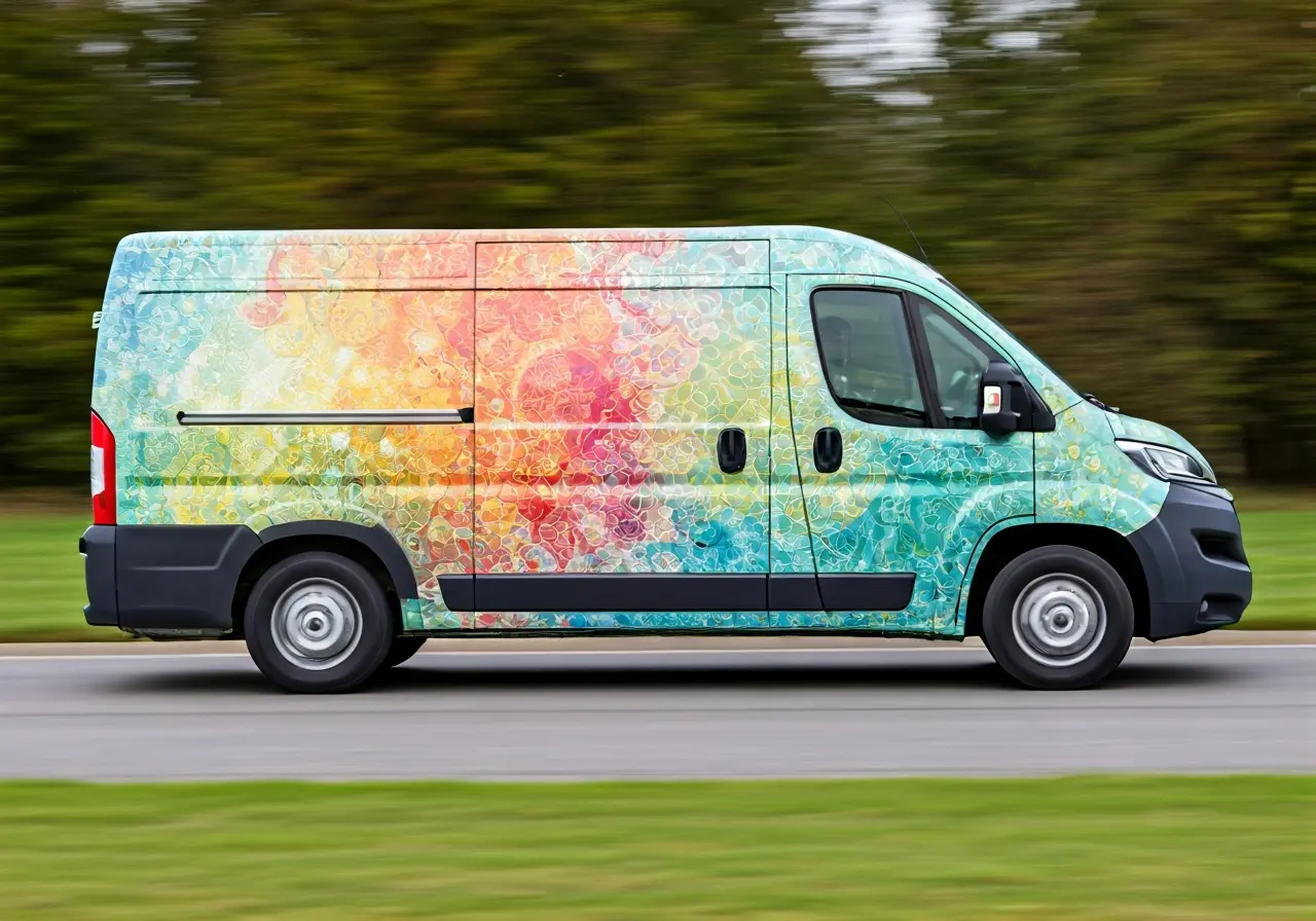 A commercial van with a colorful advertisement wrap in motion. 35mm stock photo
