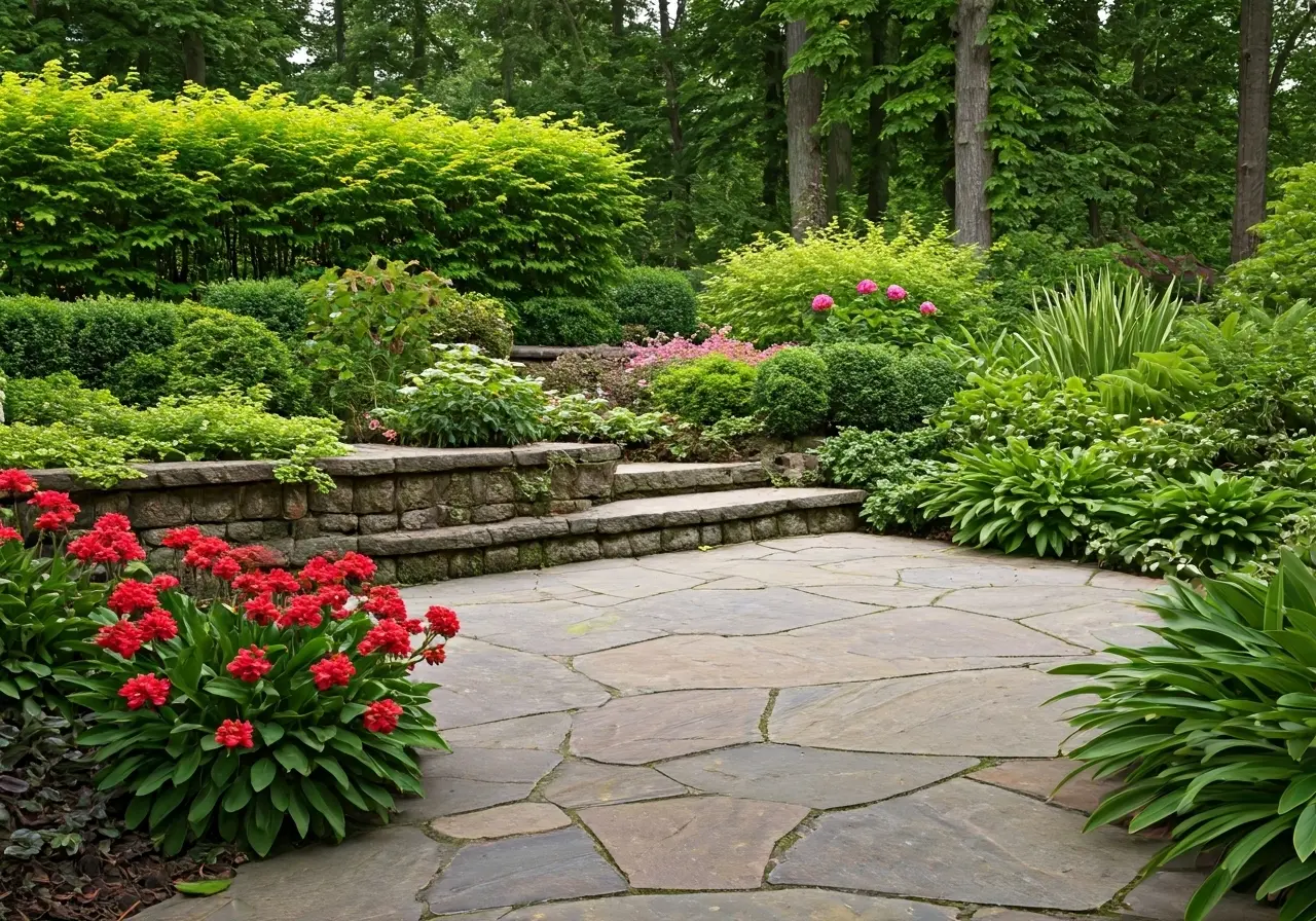 A beautiful stone patio surrounded by lush greenery and flowers. 35mm stock photo