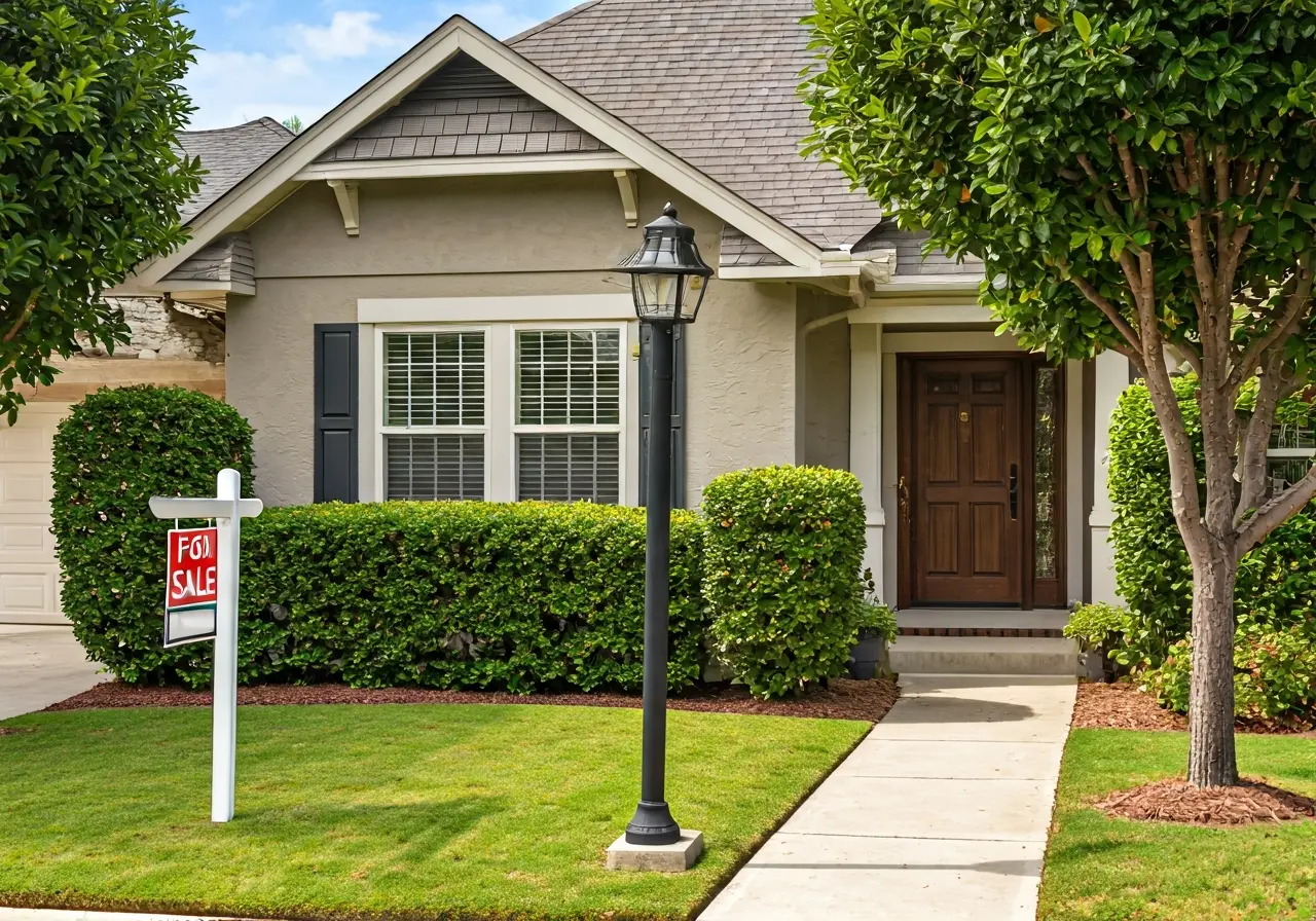 A cozy, inviting home exterior with a For Sale sign. 35mm stock photo