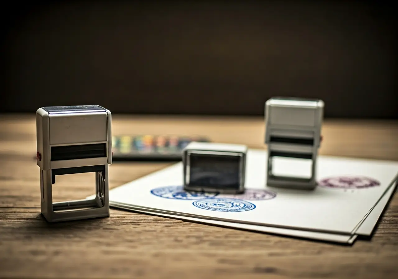 A close-up of colorful self-inking stampers and paper. 35mm stock photo