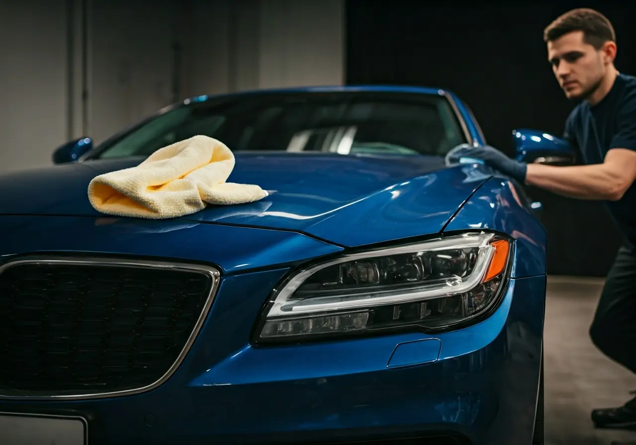 A luxury car being detailed with premium cleaning products. 35mm stock photo