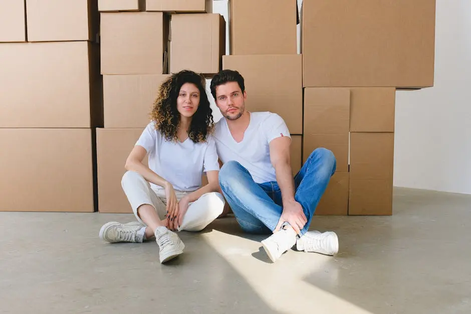 A young couple sits together surrounded by moving boxes, symbolizing new beginnings and homeownership.