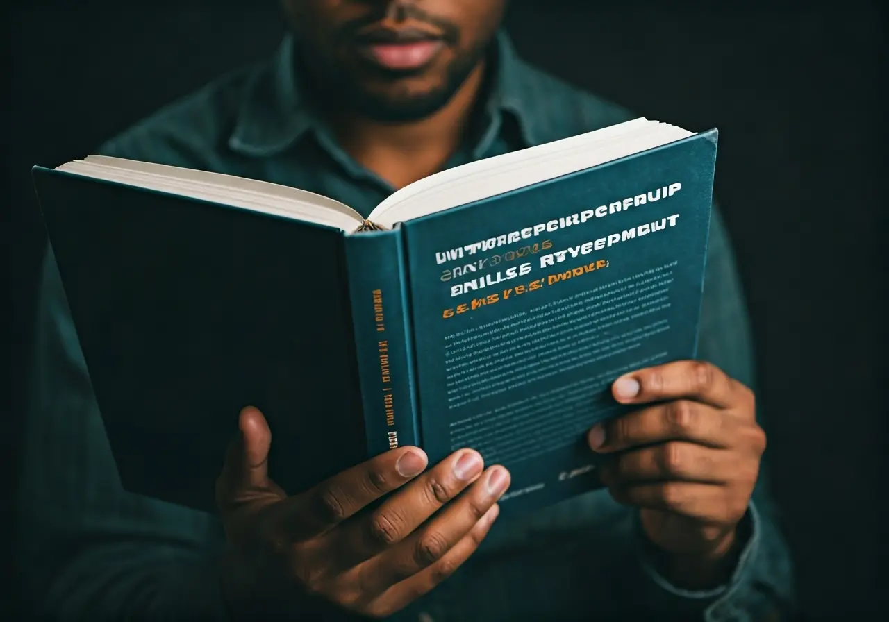 A person reading a book on entrepreneurship skills development. 35mm stock photo