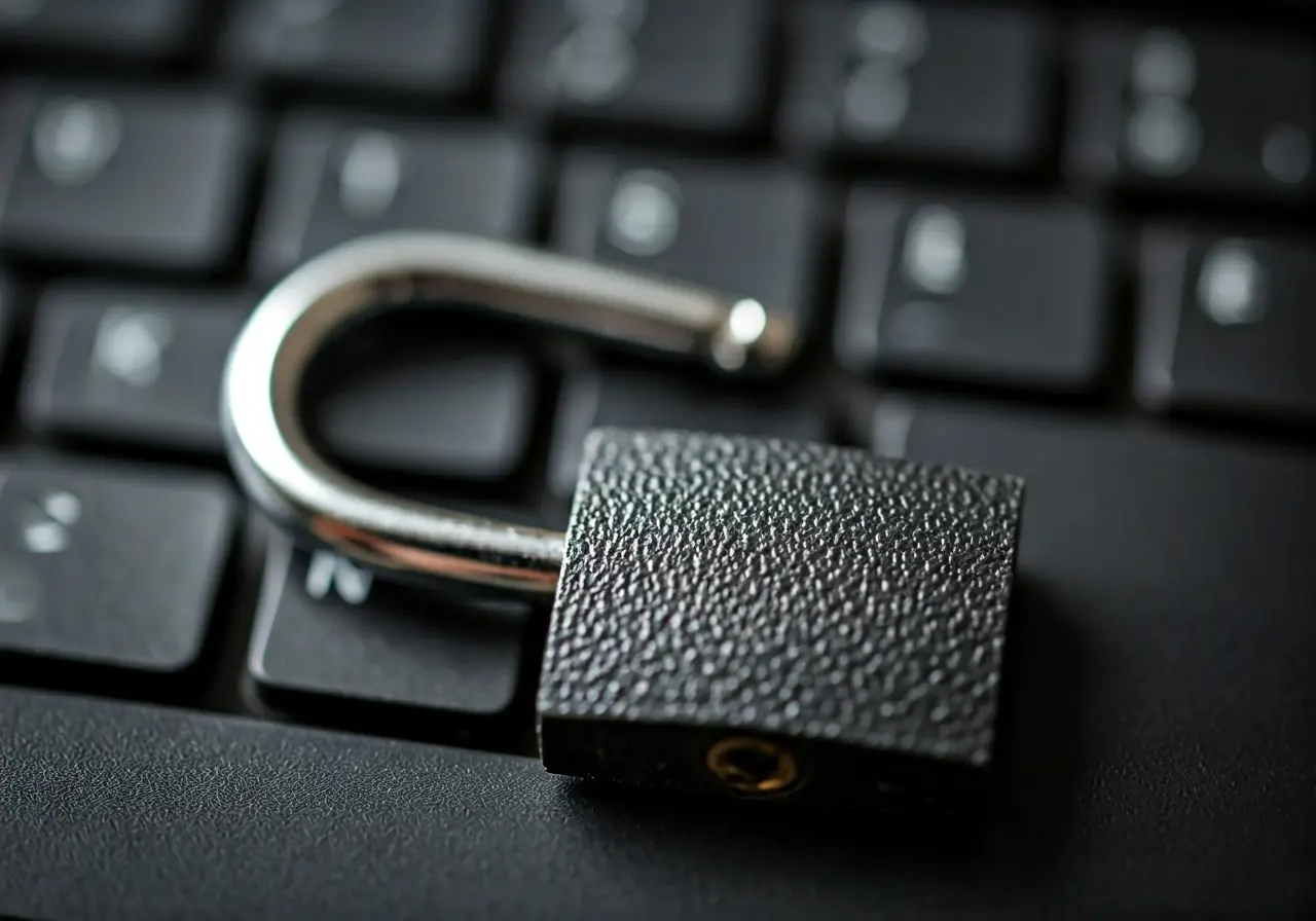 A close-up of a padlock on a computer keyboard. 35mm stock photo