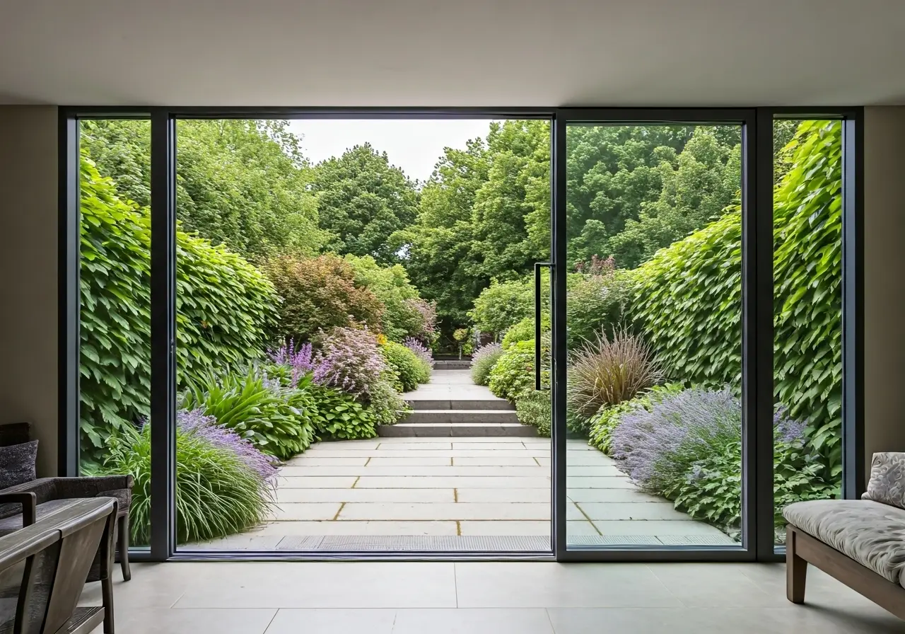 Modern glass egress door opening to a lush garden. 35mm stock photo