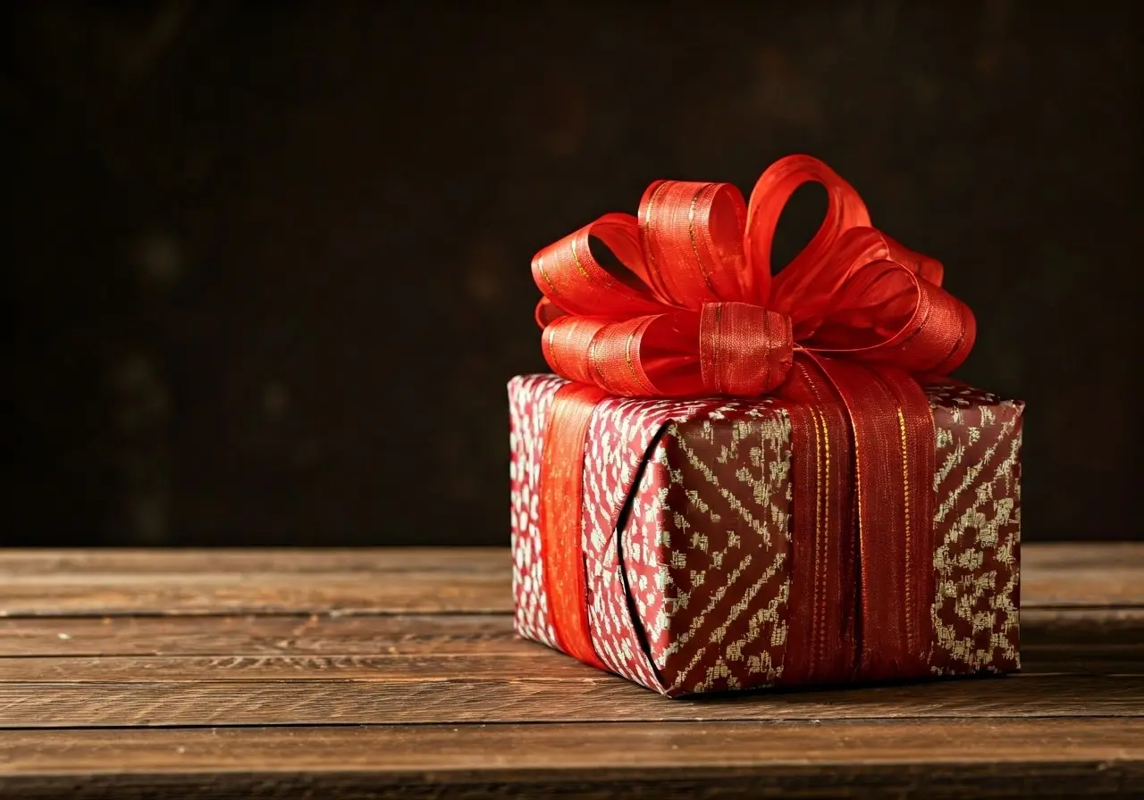 A beautifully wrapped gift with a bow on a table. 35mm stock photo