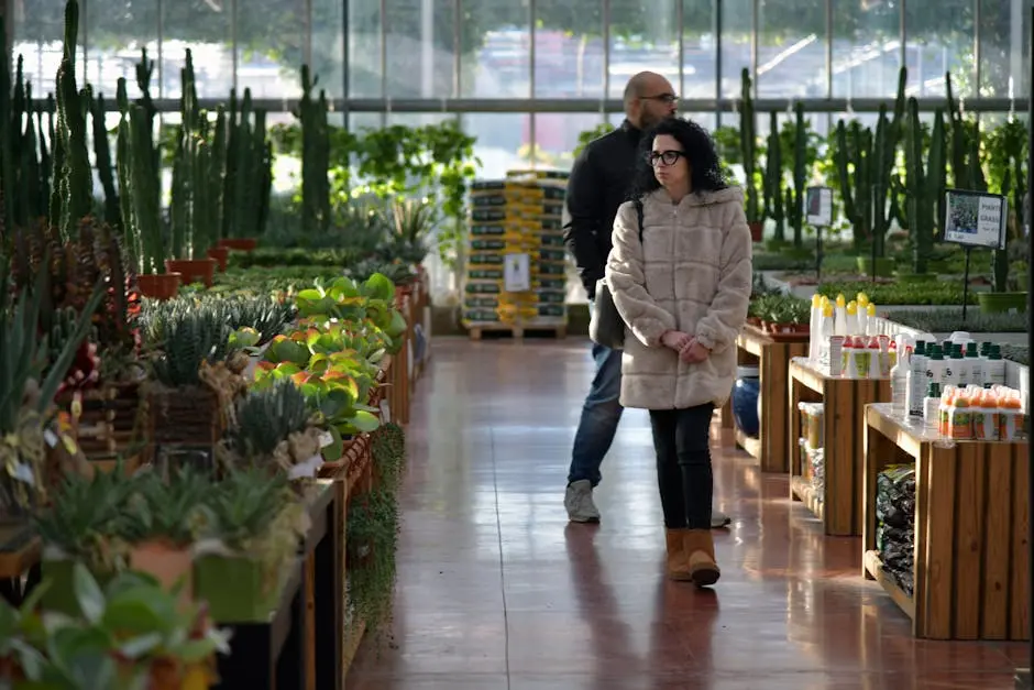 Shoppers browsing plants and gardening supplies in a well-lit indoor garden center.