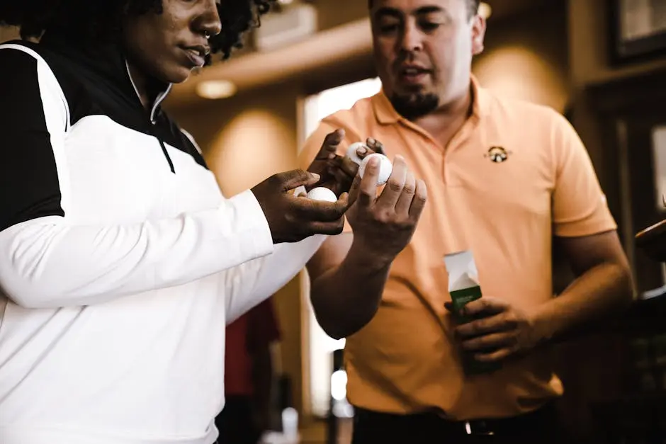 A man and woman examining golf balls inside a sports store, engaging in a purchase.
