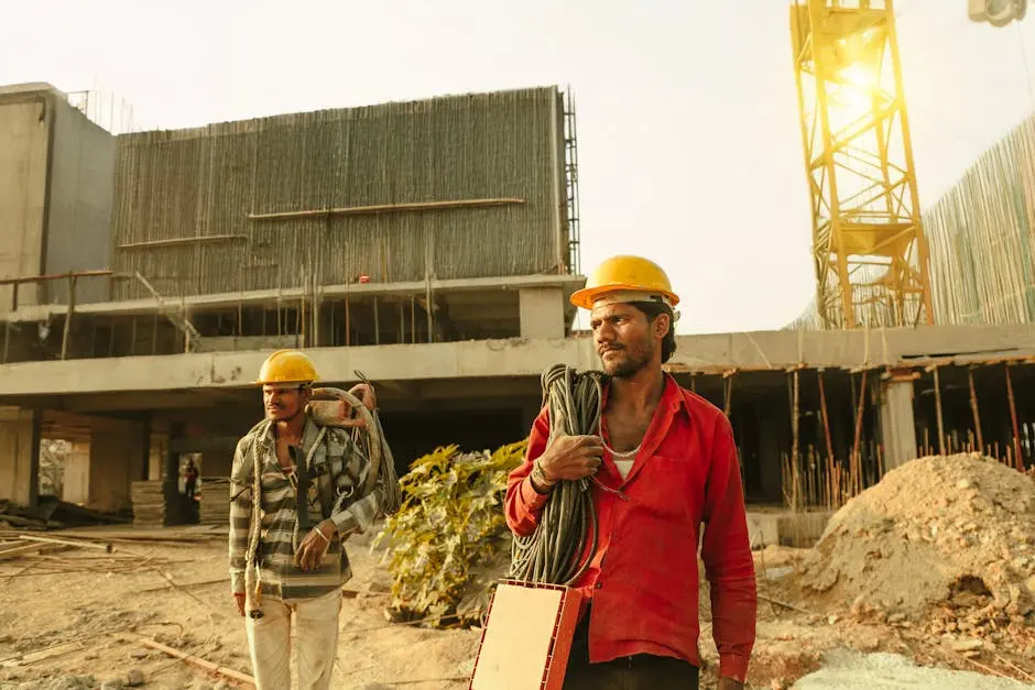 Two construction workers wearing helmets at a site in India with a crane and building.
