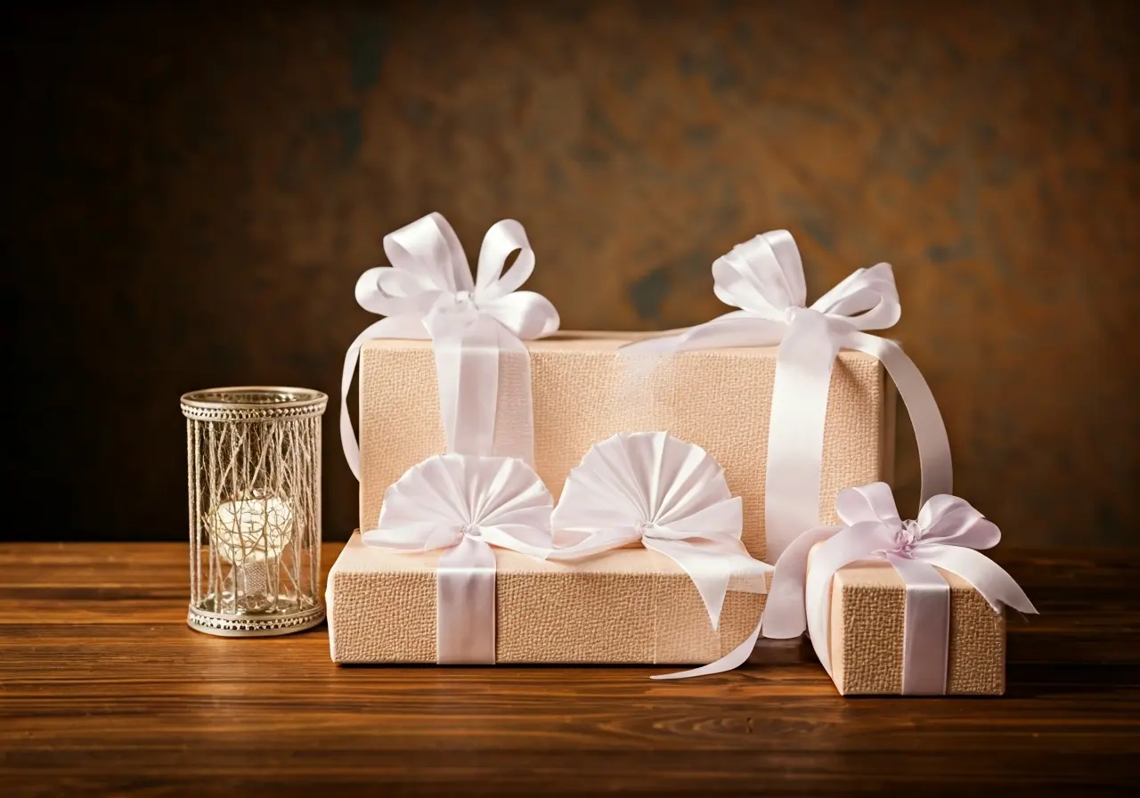 A beautifully arranged assortment of elegant bridal gifts displayed. 35mm stock photo