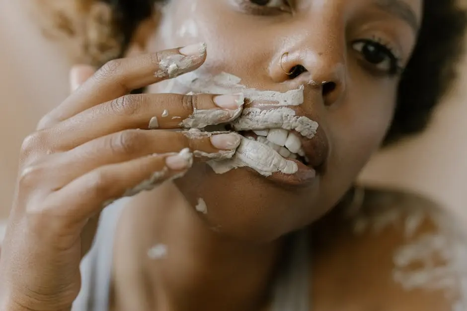 A woman applying a clay mask on her face in a close-up shot, emphasizing skincare.