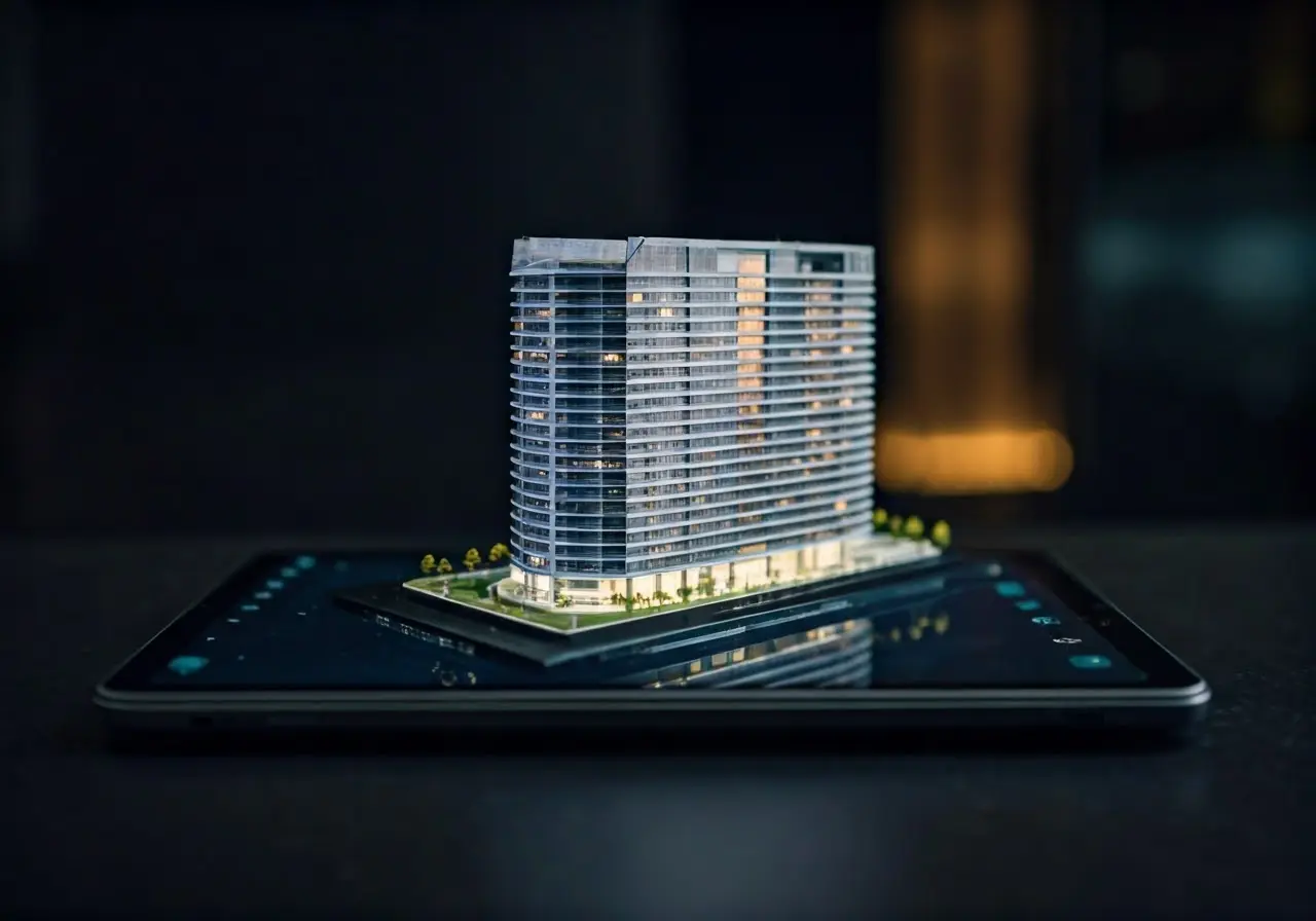 A futuristic building model displayed on a digital tablet. 35mm stock photo