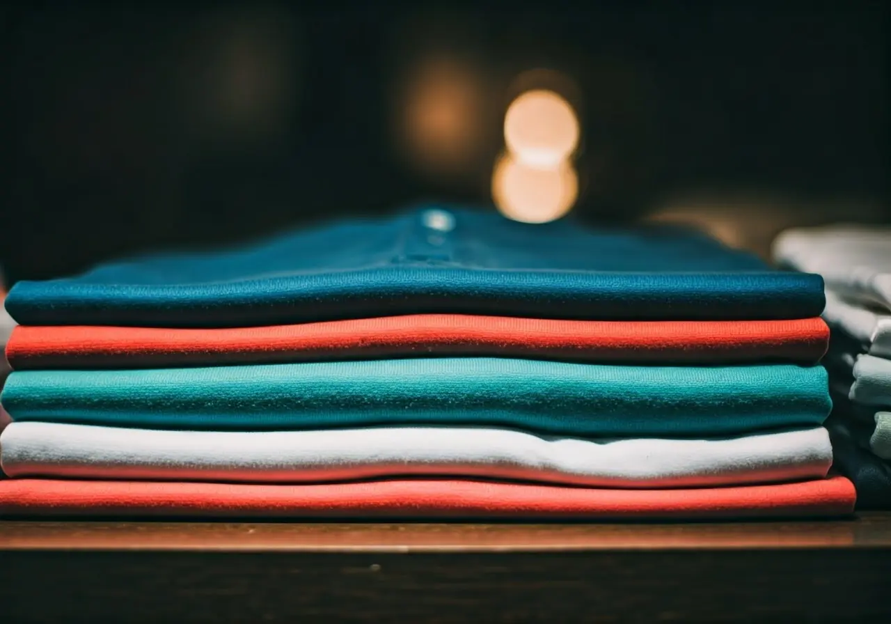 A stack of colorful, humorous t-shirts on display. 35mm stock photo