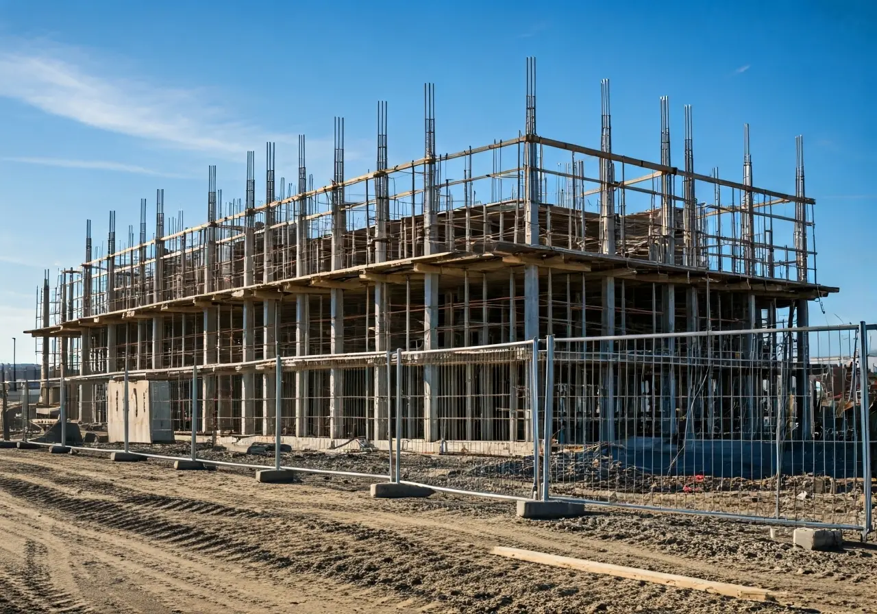 A construction site with visible security cameras and fencing. 35mm stock photo