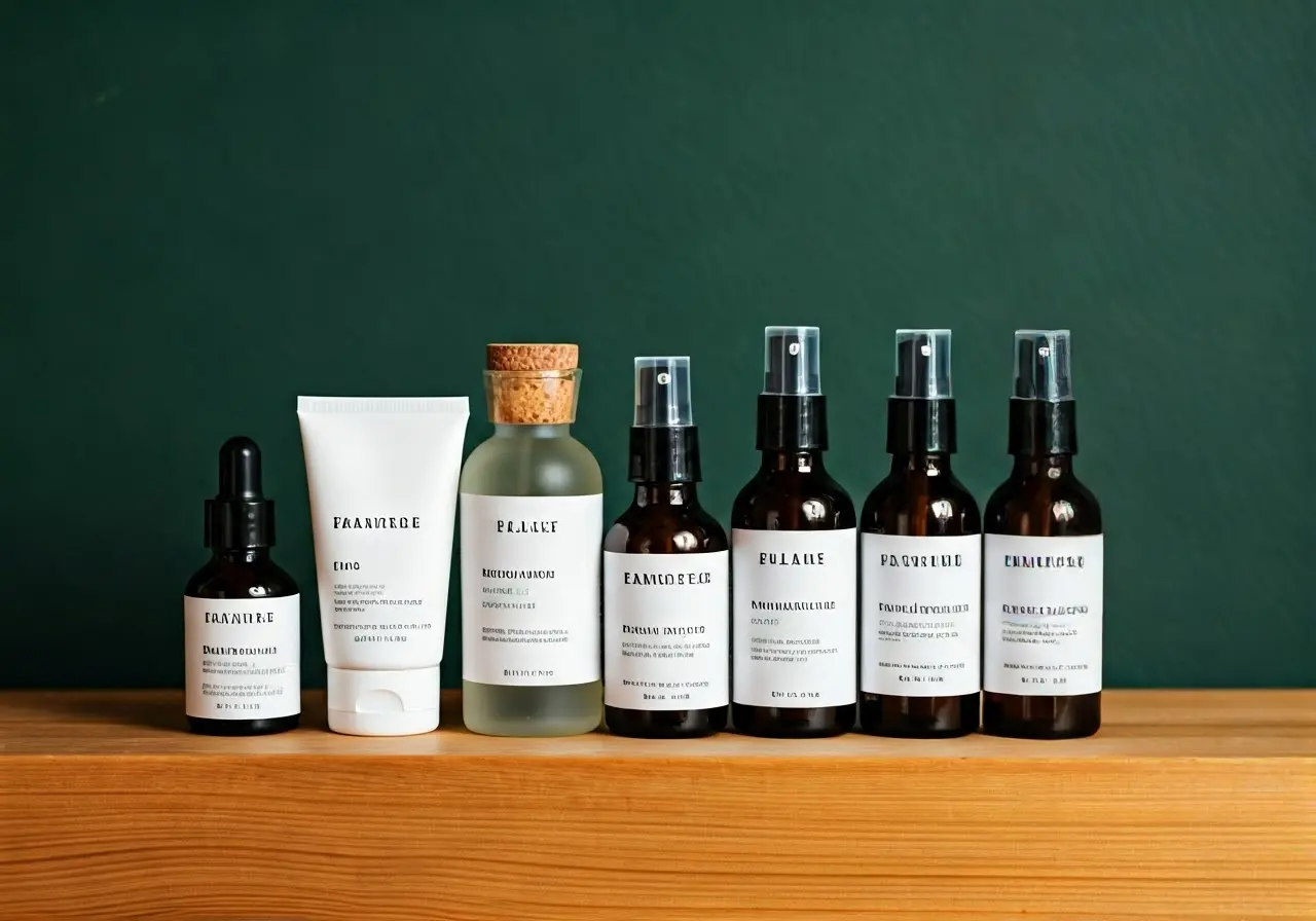 A collection of plant-based skincare bottles on a wooden shelf. 35mm stock photo