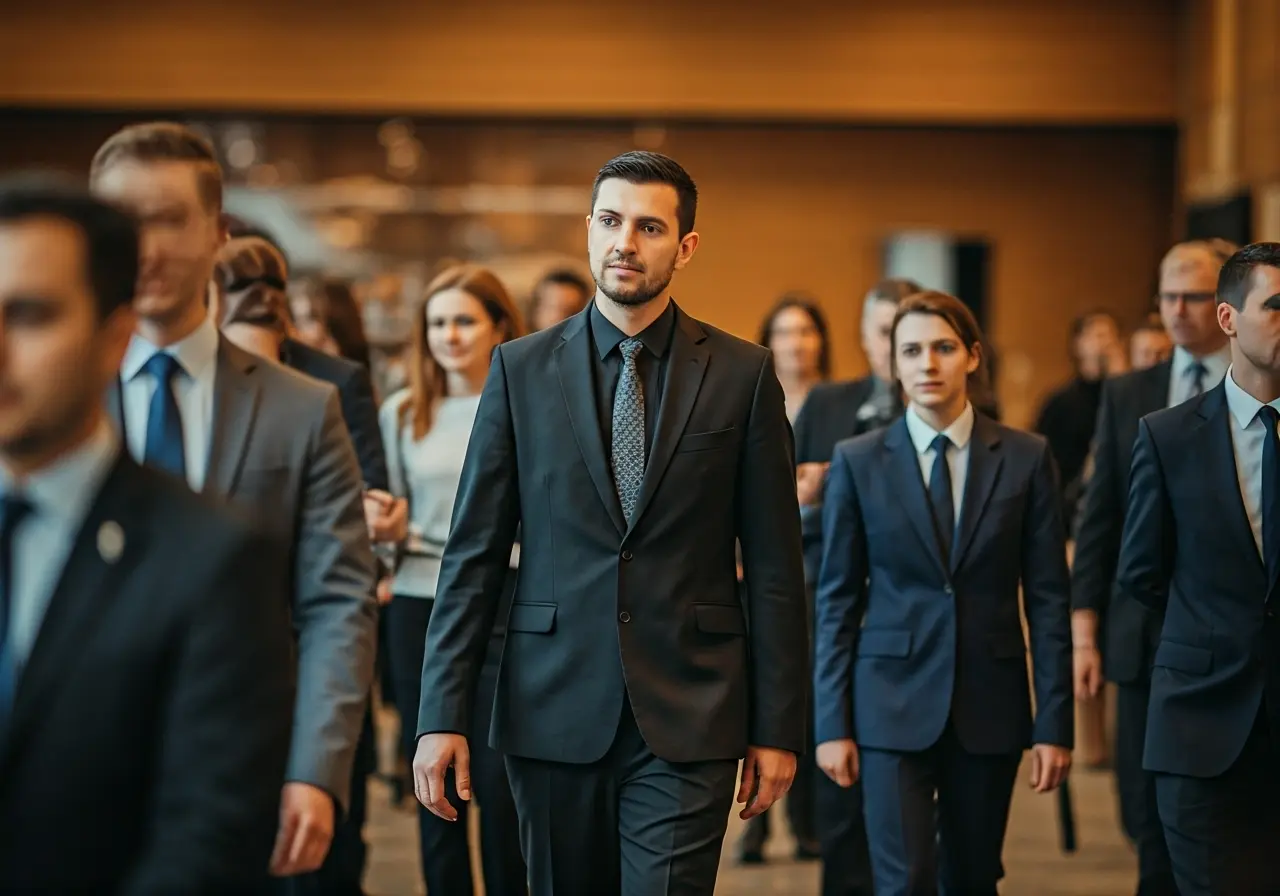 A bustling event with attendees guided by professional staff. 35mm stock photo