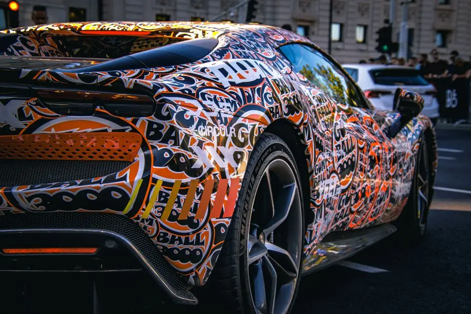 Dynamic image of a sports car with a vibrant graffiti-style wrap, captured on a bustling city street.