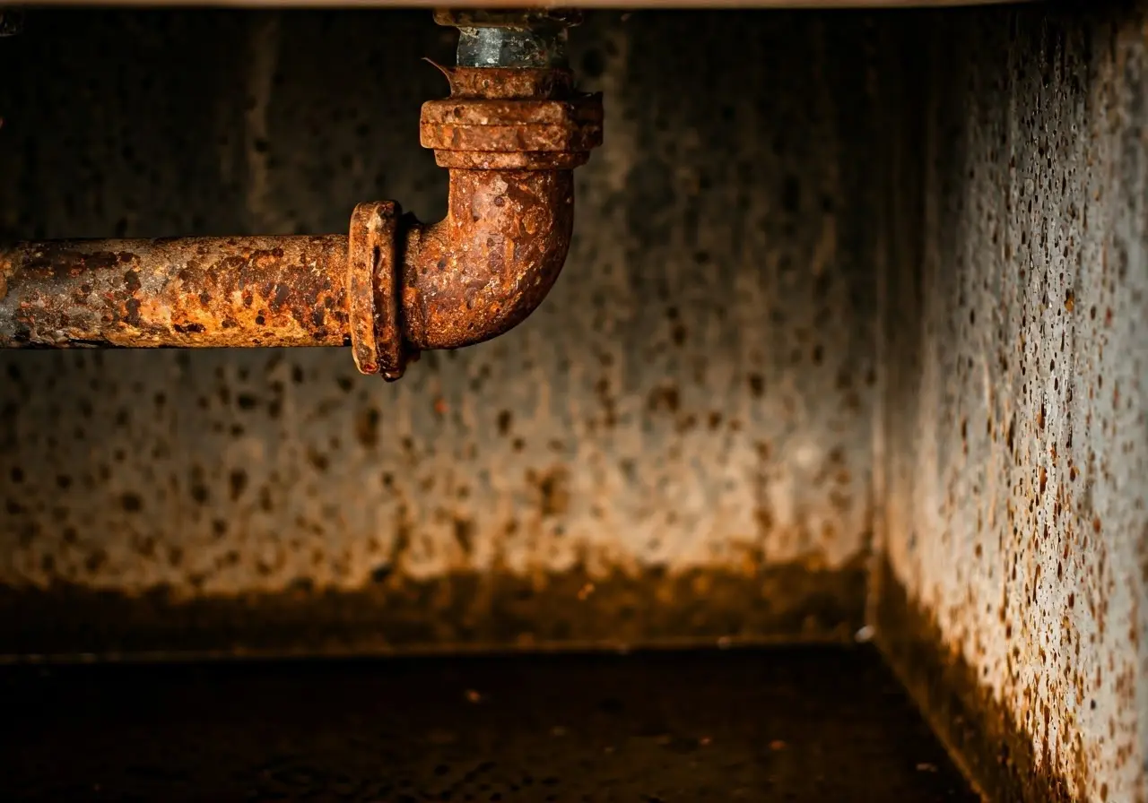 A rusty, leaking pipe under a damp, dark sink. 35mm stock photo
