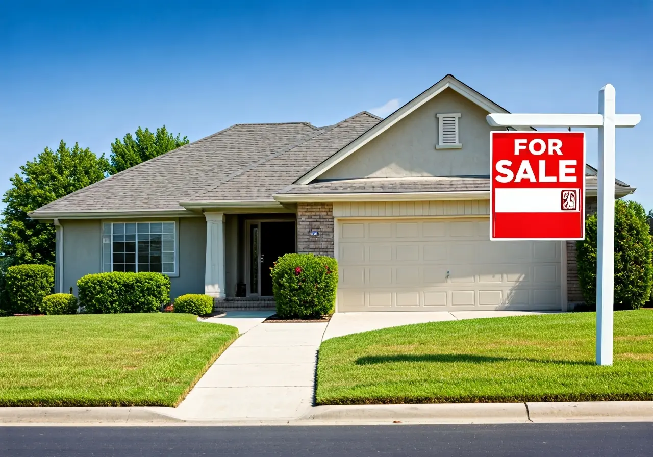 A house with a large For Sale sign in front. 35mm stock photo