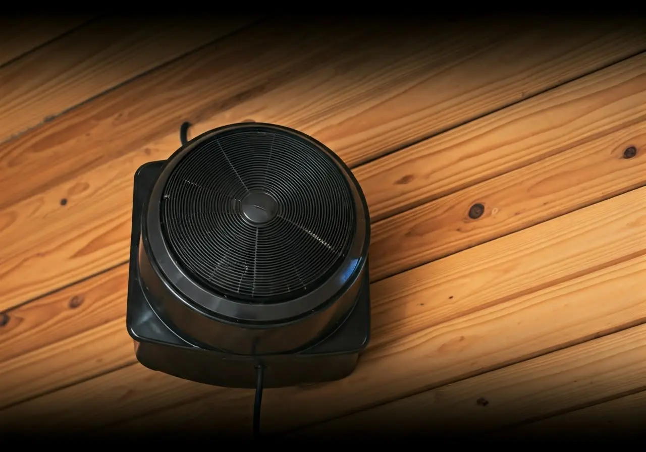 A sleek attic fan installed in a cozy North Georgia home. 35mm stock photo