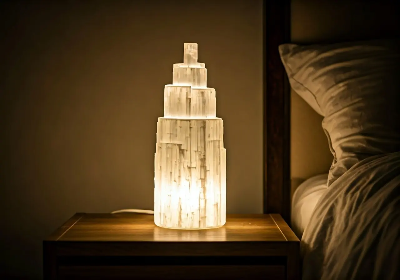 A glowing selenite lamp on a wooden bedside table. 35mm stock photo