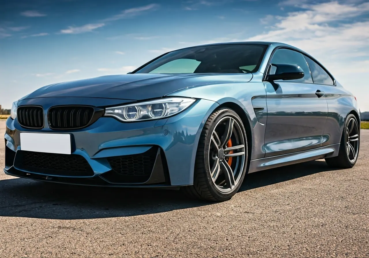 A shiny car with ceramic coating reflecting a clear sky. 35mm stock photo