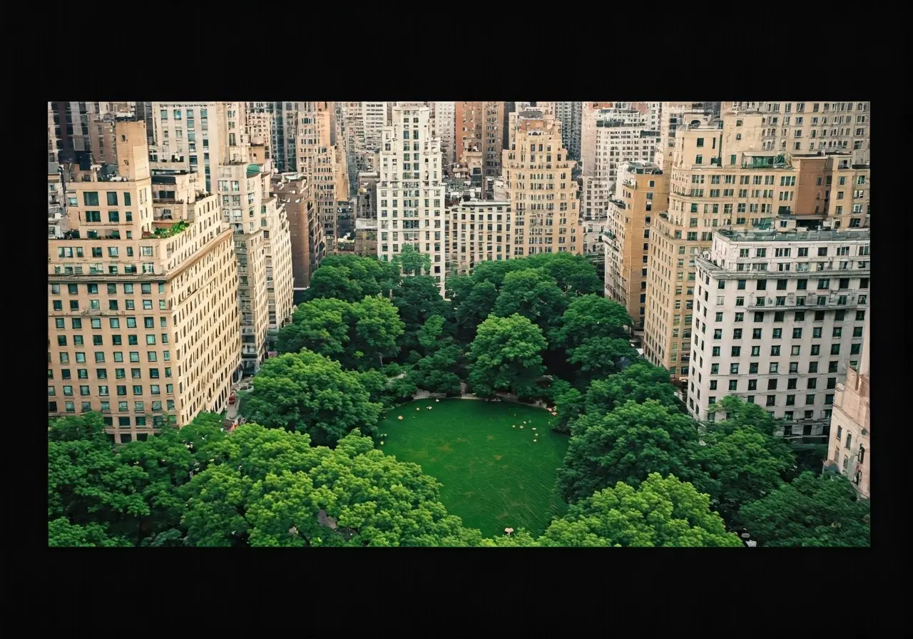 Aerial view of Gramercy Park surrounded by historic buildings. 35mm stock photo