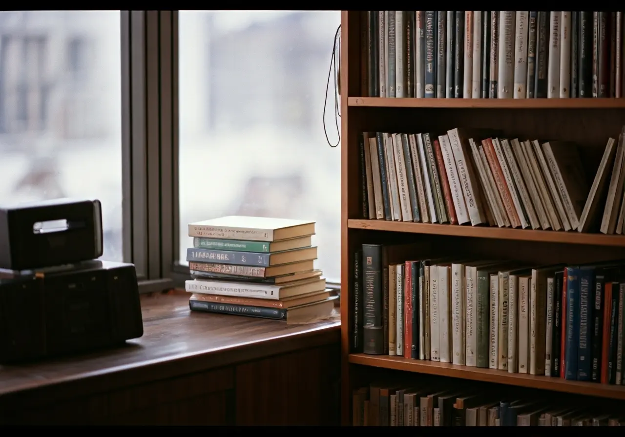 A comforting office space with books and peaceful decor. 35mm stock photo