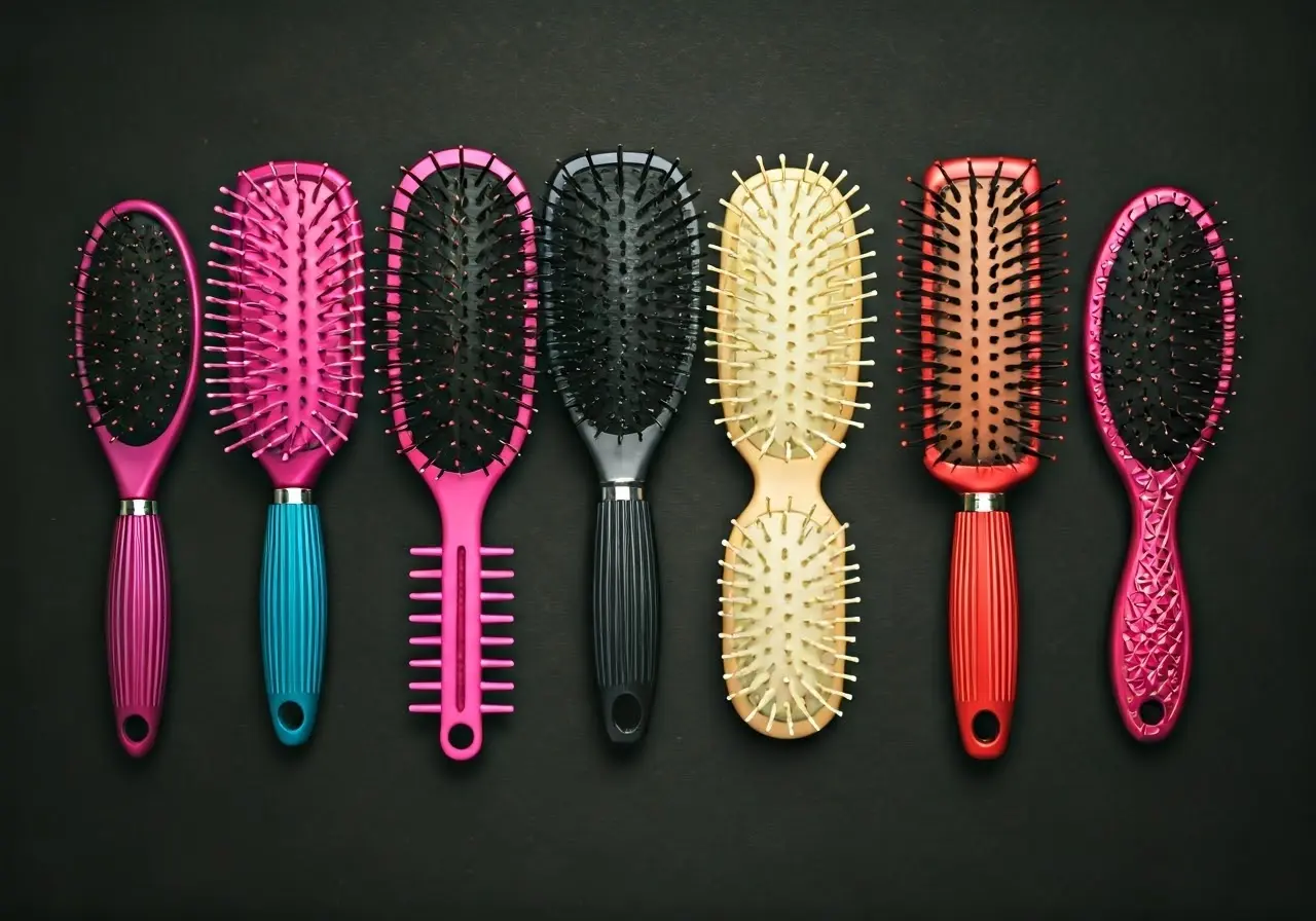 A colorful display of ten different hair brushes arranged neatly. 35mm stock photo