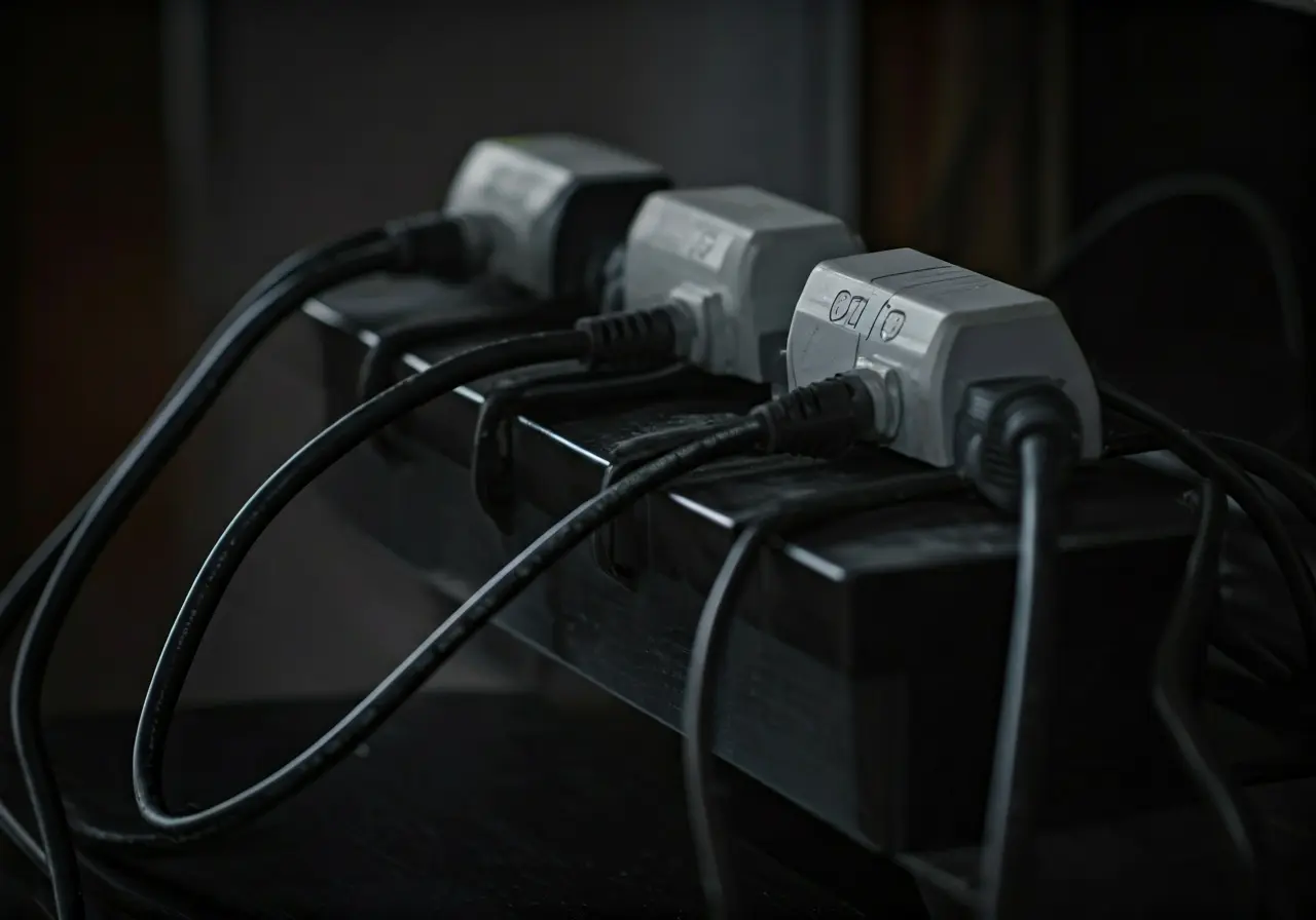 A row of sleek, modern power outlets and cables. 35mm stock photo