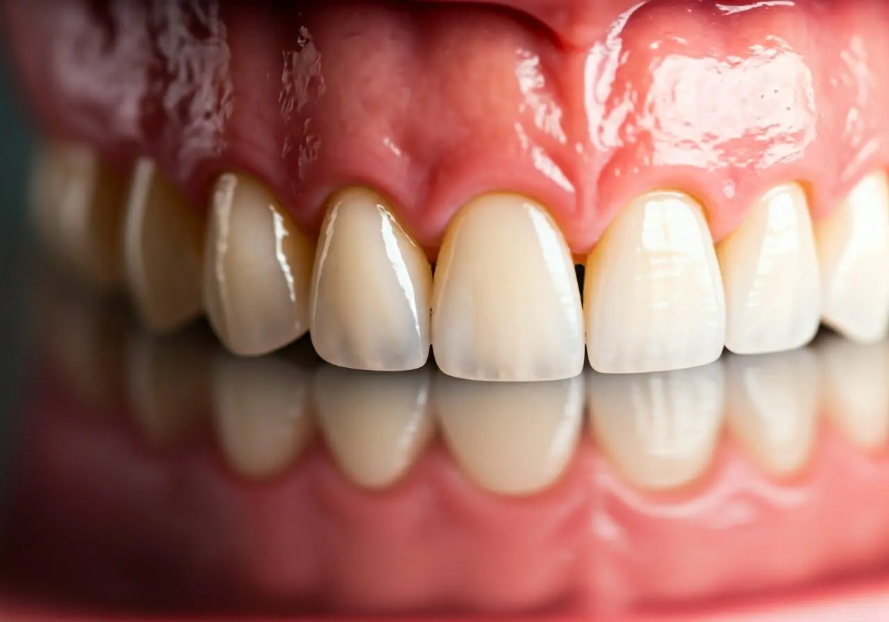 A close-up of a shiny dental implant and veneers. 35mm stock photo