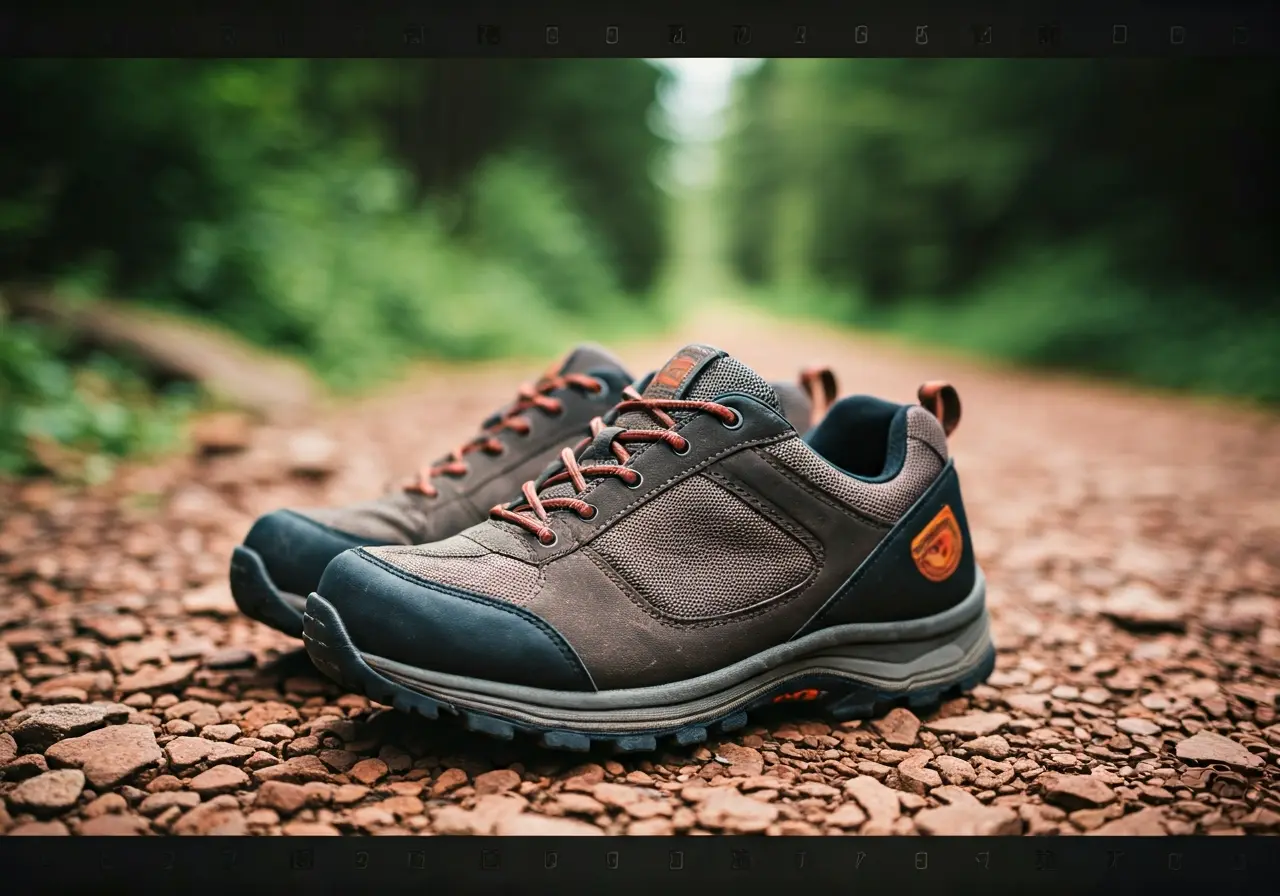 A pair of Bearfoot shoes on a rocky hiking trail. 35mm stock photo