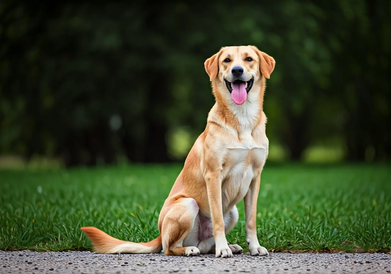 A happy dog sitting obediently with a wagging tail. 35mm stock photo