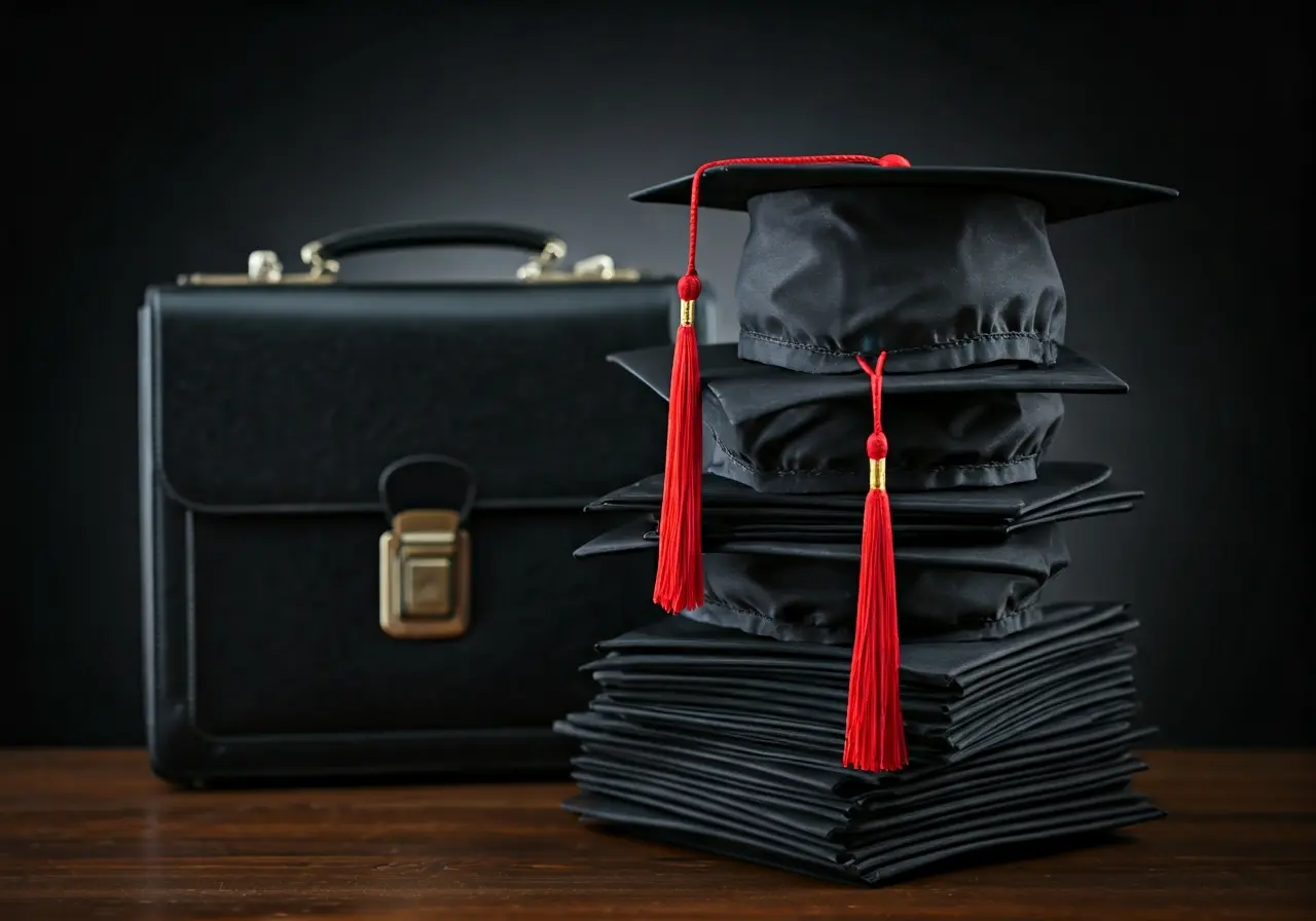 A stack of graduation caps next to a briefcase. 35mm stock photo